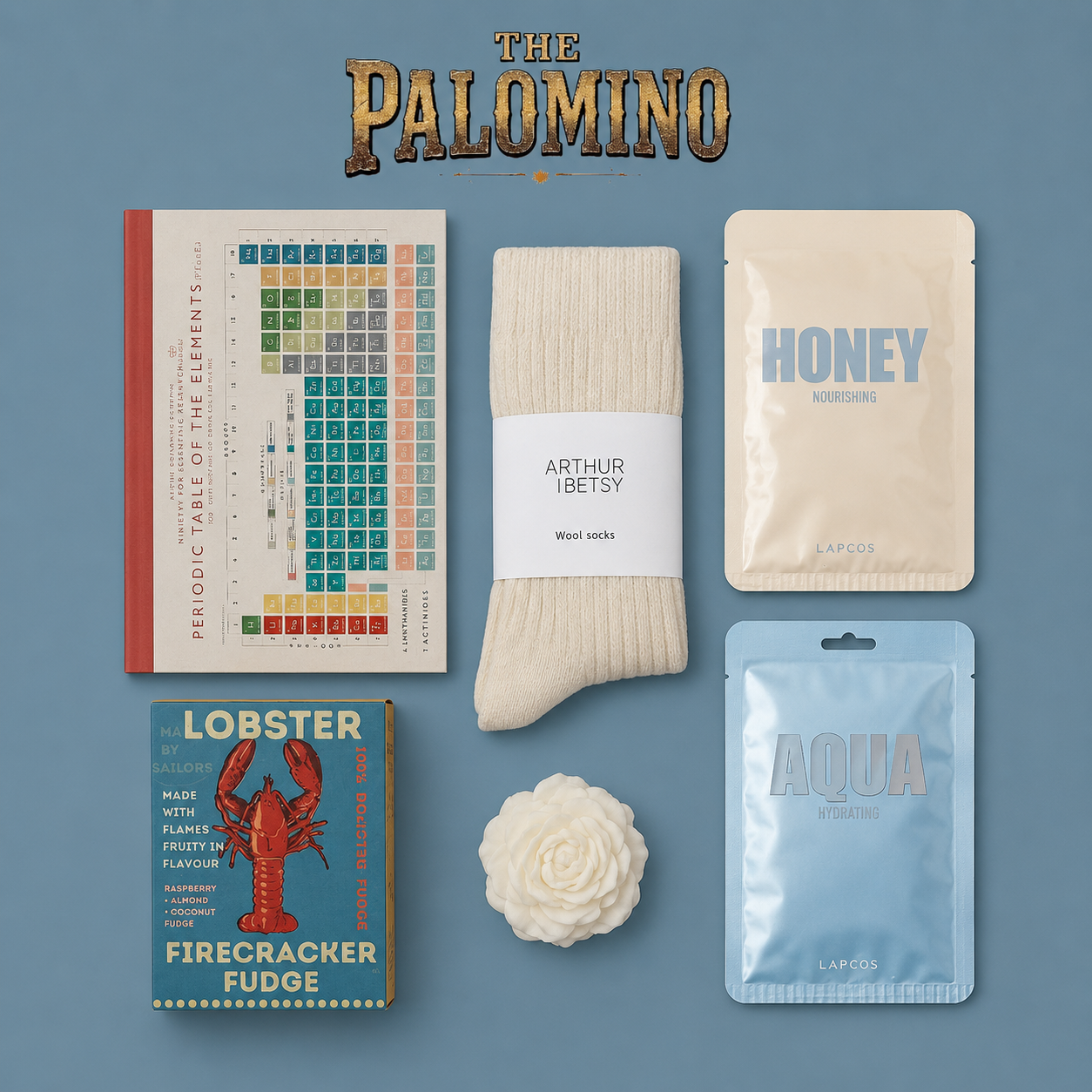 THE PALOMINO - SIGNATURE GIFT BOX WITH NOTEBOOK, SKINCARE, ALPACA WOOL SOCKS, GOURMET FUDGE AND PEONY SCENTED CANDLE