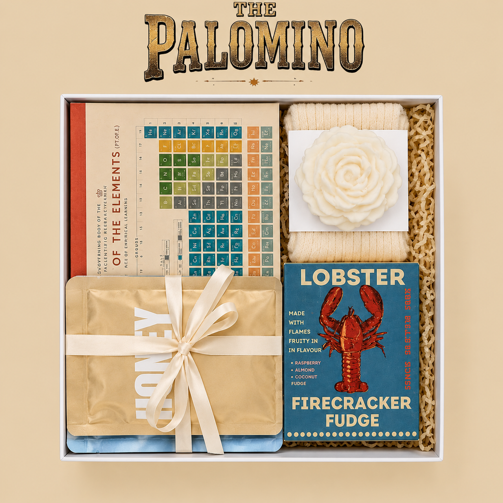 THE PALOMINO - SIGNATURE GIFT BOX WITH NOTEBOOK, SKINCARE, ALPACA WOOL SOCKS, GOURMET FUDGE AND PEONY SCENTED CANDLE