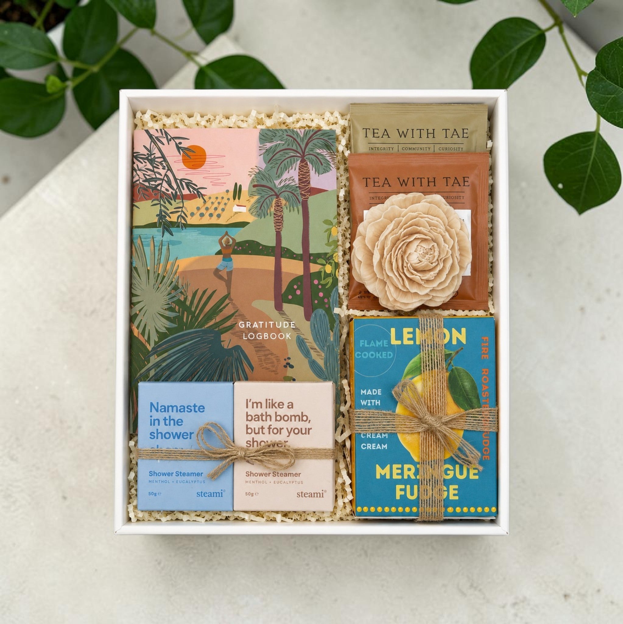 The Appaloosa Wellbeing Gift Box - Gratitude Logbook, Peony shaped candle, Shower Steamers, Tea with Tae sachets, Fudge