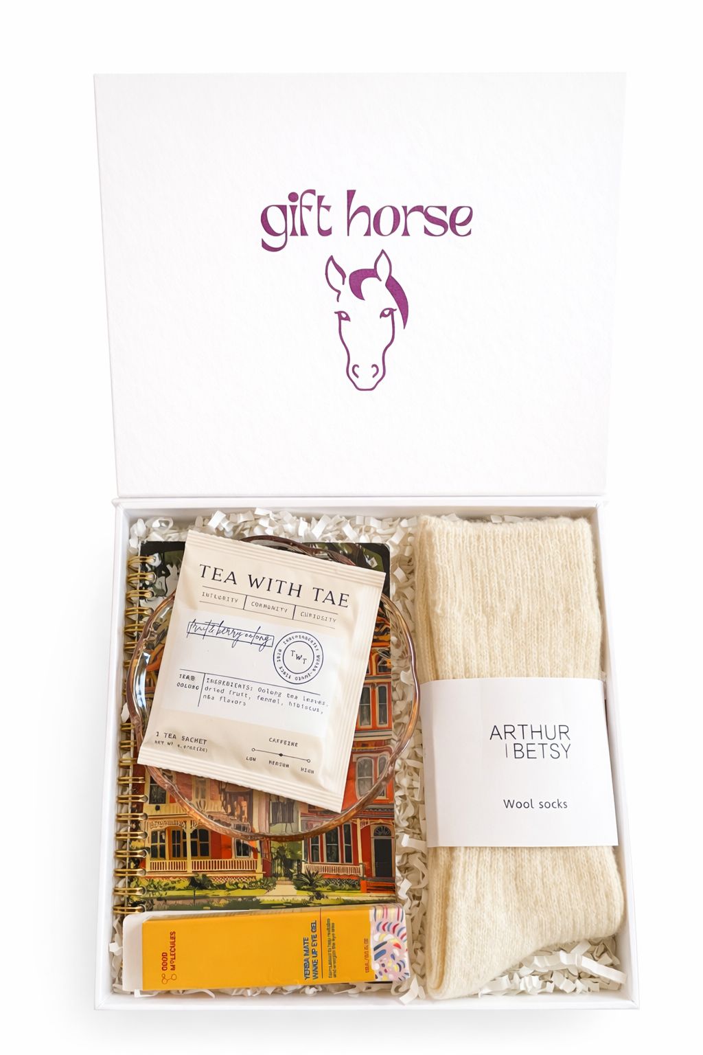 KENTUCKY_SADDLER.jpg: KENTUCKY SADDLER luxury gift box open showing socks, notebook, jewellery dish and tea