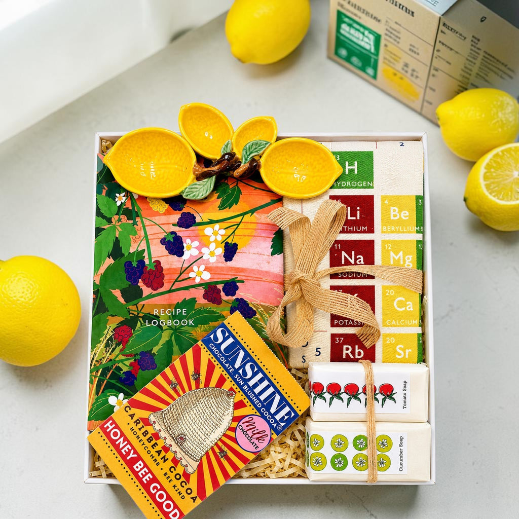 The Paso Fino Signature Gift Box - Recipe Logbook, Kitchen Soap, Ceramic Measuring Spons, Tea Towel, Kitchen Chocolate Melt Bar
